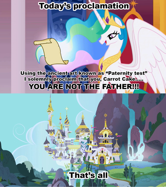 Size: 1021x1149 | Tagged: carrot cake, carrot cuck, celestia's proclamation, derpibooru import, exploitable meme, maury, meme, princess celestia, safe, you are not the father