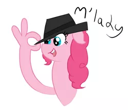 Size: 730x629 | Tagged: derpibooru import, fedora shaming, goldstein, hat, m'lady, pinkie pie, safe, solo, tips fedora, trilby