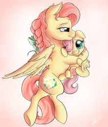 Size: 2800x3300 | Tagged: artist:nobody47, carrying, cute, derpibooru import, female, filly, flutterlove, fluttershy, high res, oc, oc:fluttershy's mom, safe, shyabetes, simple background, smiling, underhoof, younger