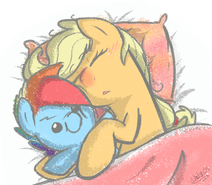 Size: 787x685 | Tagged: safe, artist:nolycs, derpibooru import, applejack, rainbow dash, :o, appleblitz (straight), appledash, bed, blushing, cute, female, half r63 shipping, hug, lesbian, male, open mouth, pillow, plushie, rainbow blitz, red nosed, rule 63, shipping, sick, sleeping, solo, straight