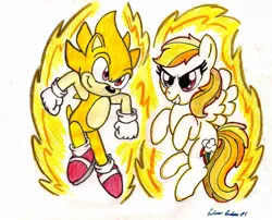 Size: 1100x888 | Tagged: artist:silversimba01, crossover, derpibooru import, rainbow dash, safe, sonic team, sonic the hedgehog, sonic the hedgehog (series), super rainbow dash, super sonic, traditional art