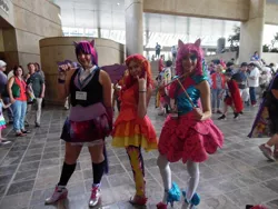 Size: 960x720 | Tagged: safe, artist:lochlan o'neil, artist:sarahndipity cosplay, derpibooru import, pinkie pie, sunset shimmer, twilight sparkle, human, bronycon, equestria girls, rainbow rocks, clothes, convention, cosplay, costume, high heels, irl, irl human, pantyhose, photo, shoes, skirt, socks