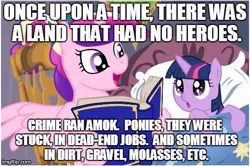 Size: 490x326 | Tagged: safe, deleted from derpibooru, derpibooru import, princess cadance, twilight sparkle, alicorn, pony, unicorn, bedtime story, book, cadance's bedtime stories, caption, duo, exploitable meme, image macro, jontron, looking up, meme, nightshade: the claws of heugh, text, younger