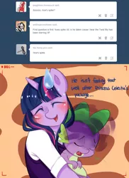 Size: 800x1100 | Tagged: anthro, artist:omgproductions, ask, derpibooru import, hug, safe, spike, tumblr, twilight sparkle, twilight sparkle's journal