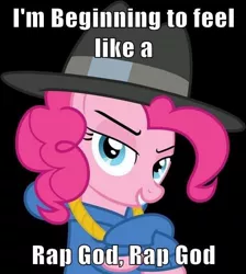 Size: 500x558 | Tagged: caption, derpibooru import, eminem, image macro, meme, pinkie pie, pinkie pie is god, rap god (eminem), rapper pie, safe, solo, text