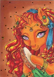 Size: 600x855 | Tagged: safe, artist:shaiyeh, derpibooru import, gypsy (g1), pony, unicorn, ear piercing, earring, eyelashes, female, g1, jewelry, lidded eyes, mare, musical instrument, piercing, romani, solo, tambourine, traditional art