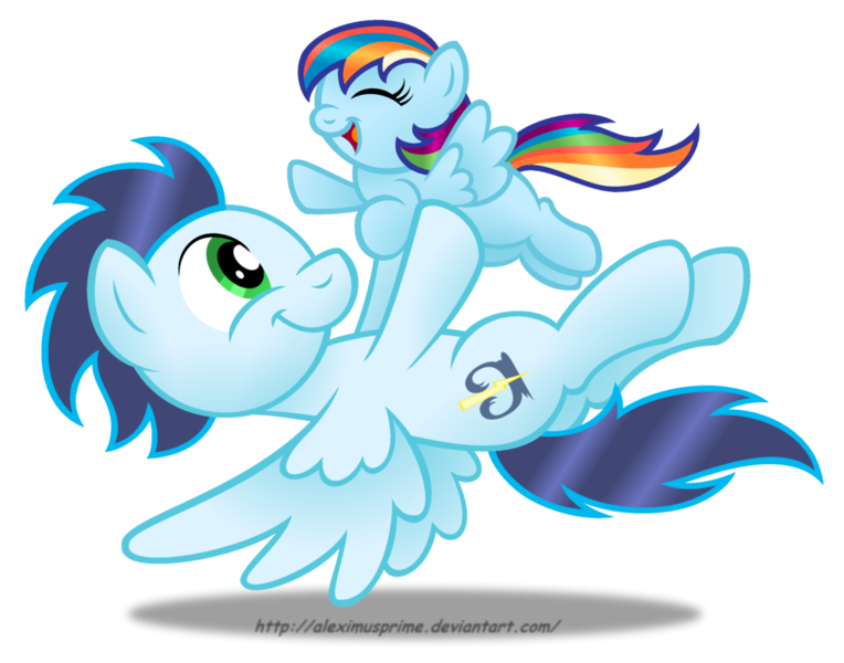 Size: 1024x804 | Tagged: artist:aleximusprime, backwards cutie mark, cute, derpibooru import, father and child, father and daughter, female, filly, male, oc, offspring, parent:rainbow dash, parent:soarin', parents:soarindash, safe, simple background, soarin', transparent background