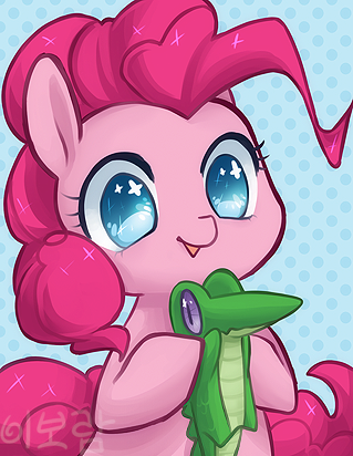 Size: 319x412 | Tagged: safe, artist:mousu, derpibooru import, gummy, pinkie pie, earth pony, pony, cute, diapinkes, duo, female, gummy doesn't give a fuck, gummybetes, happy, mare, polka dot background, smiling