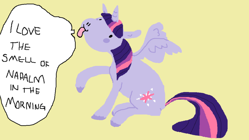 Size: 1024x576 | Tagged: safe, artist:gabbish, derpibooru import, twilight sparkle, twilight sparkle (alicorn), alicorn, pony, apocalypse now, female, mare, movie quote, out of character, solo