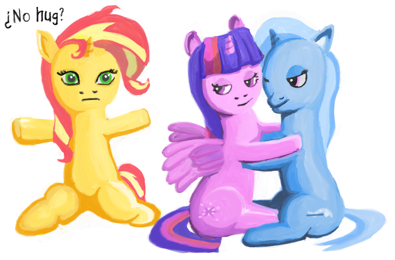 Size: 1143x755 | Tagged: safe, artist:trixsun, derpibooru import, sunset shimmer, trixie, twilight sparkle, twilight sparkle (alicorn), alicorn, pony, unicorn, counterparts, hug denied, magical trio, twilight's counterparts