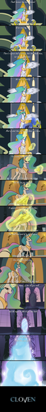 Size: 683x6063 | Tagged: artist:moonlitbrush, book, comic, derpibooru import, grammar error, magic, magic mirror, mirror, myst, princess celestia, riven, royal guard, safe, scorpan's necklace, telekinesis, throne