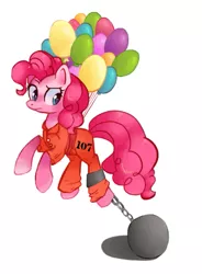 Size: 471x641 | Tagged: artist:mapony240, ball and chain, balloon, clothes, derpibooru import, didn't think this through, fail, floating, pinkie pie, prisoner pp, prison outfit, safe, solo, then watch her balloons lift her up to the sky