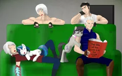 Size: 6969x4355 | Tagged: absurd resolution, artist:cjvselinmortal, book, couch, crossover, cute, dante (devil may cry), derpibooru import, devil may cry, devil may cry 3, devil may cry 4, dmc, donte, human, meme origin, nero (devil may cry), octavia melody, safe, sleeping, vergil (devil may cry), vergil's book, vinyl scratch