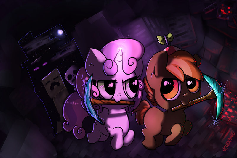 Size: 1600x1067 | Tagged: artist:velexane, button mash, creeper, crossover, derpibooru import, diamond pickaxe, don't mine at night, minecraft, pickaxe, running, safe, sweetie belle