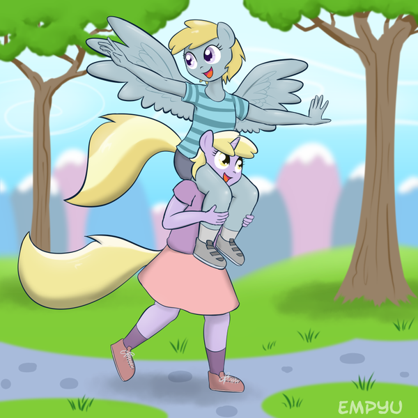 Size: 1000x1000 | Tagged: safe, artist:empyu, derpibooru import, chirpy hooves, derpy hooves, dinky hooves, anthro, pony, cute, equestria's best daughter, female, ponies riding ponies, riding, siblings, sisters