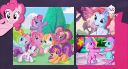 Size: 1366x737 | Tagged: breezie, caption, cheerilee (g3), core seven, derpibooru import, g3, g3.5, hub logo, hub network, minty, official, pinkie pie, pinkie pie (g3), rainbow dash (g3), safe, scootaloo (g3), starsong, sweetie belle (g3), tiddly wink, toola roola