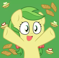 Size: 2033x2000 | Tagged: safe, artist:chainchomp2, derpibooru import, apple fritter, earth pony, pony, apple family member, apple fritter (food), female, food, mare, nya, paffendorf, solo, vector