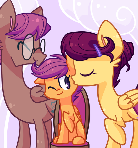 Size: 930x1000 | Tagged: safe, artist:looji, derpibooru import, scootaloo, oc, pegasus, pony, chair, eyes closed, glasses, happy, kissing, one eye closed, parent, raised hoof, scootaloo's parents, scootalove, sitting, smiling