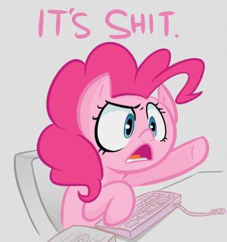 Size: 328x350 | Tagged: safe, artist:adequality, artist:shoutingisfun, derpibooru import, pinkie pie, earth pony, pony, colored, computer, cute, female, frown, insult, it's shit, mare, open mouth, pointing, raised eyebrow, reaction image, solo, vulgar