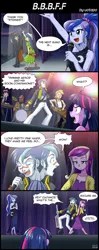 Size: 800x2020 | Tagged: safe, artist:uotapo, derpibooru import, idw, 8-bit (character), fiddlesticks, gaffer, gizmo, octavia melody, princess cadance, princess luna, shining armor, twilight sparkle, equestria girls, adam ant, alumnus shining armor, apple family member, boy george, comic, danny elfman, dean cadance, devo, drums, energy dome, equestria girls-ified, keyboard, keytar, little girls, musical instrument, oingo boingo, song reference, stage, the mystic knights of the electric stable, vice principal luna, xylophone