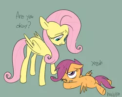 Size: 500x400 | Tagged: artist:hajuya, derpibooru import, dialogue, fluttershy, safe, scootaloo, scootaloo can't fly