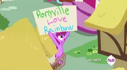 Size: 842x468 | Tagged: all new, arrested development, berry punch, berryshine, berry's sign, derpibooru import, edit, edited screencap, exploitable, exploitable meme, hub logo, meme, safe, screencap, sign, solo, testing testing 1-2-3, text