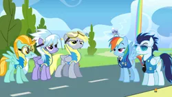 Size: 1024x576 | Tagged: safe, artist:painlessbrony, derpibooru import, cloudchaser, derpy hooves, lightning dust, rainbow dash, soarin', pegasus, pony, wonderbolts academy, clothes, female, mare, old cutie mark, uniform, wonderbolts dress uniform, wonderbolts uniform