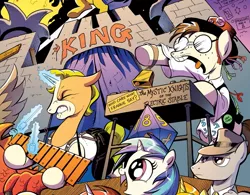 Size: 1045x814 | Tagged: 33 1-3 lp, artist:andypriceart, boy george, derpibooru import, frankie goes to hollywood, gaffer, gizmo, idw, little girls, long play, new wave, observer (character), oingo boingo, safe, song reference, the mystic knights of the electric stable, vinyl scratch, xylophone