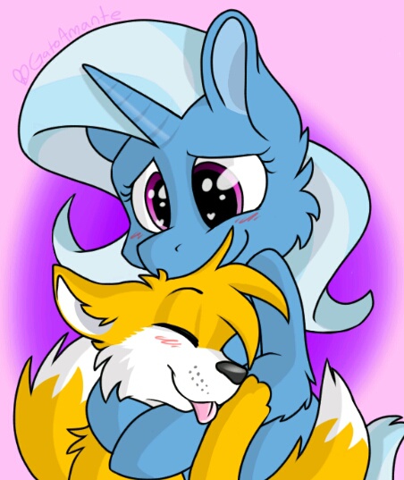 Size: 452x537 | Tagged: artist:gatoamante, crossover, crossover shipping, derpibooru import, miles "tails" prower, safe, shipping, sonic team, sonic the hedgehog (series), trixie