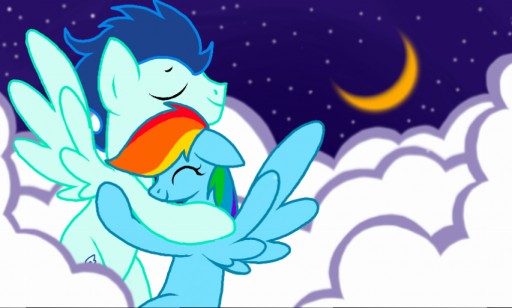 Size: 512x308 | Tagged: safe, artist:reshoriac, derpibooru import, rainbow dash, soarin', 3ds, cloud, cloudy, eyes closed, female, flying, hug, male, night, shipping, smiling, soarindash, straight