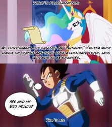 Size: 910x1024 | Tagged: butt, celestia's proclamation, dancing, derpibooru import, dragon ball z, dragon ball z: battle of gods, exploitable meme, jackass, meme, princess celestia, princess molestia, safe, sunbutt, trollestia, vegeta