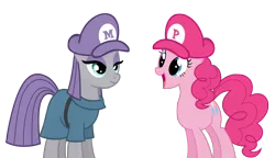 Size: 2146x1239 | Tagged: artist:flare-chaser, derpibooru import, hat, mario, mario & luigi, maud pie, pie sisters, pinkie pie, safe, siblings, simple background, sisters, smiling, super mario bros., transparent background, vector, when she smiles