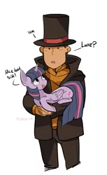 Size: 735x1200 | Tagged: safe, artist:tomoe-chi, derpibooru import, twilight sparkle, twilight sparkle (alicorn), alicorn, human, pony, clothes, crossover, female, hat, mare, professor layton