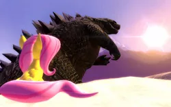 Size: 1024x640 | Tagged: 3d, artist:gummythetoothless, crossover, derpibooru import, fluttershy, gmod, godzilla, godzilla 2014, godzilla (series), godzillashy, kaiju, safe