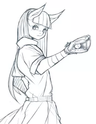 Size: 1400x1800 | Tagged: anthro, artist:m@k, baseball, baseball glove, derpibooru import, maud pie, maud pie (episode), monochrome, pixiv, safe, sketch, solo, sports