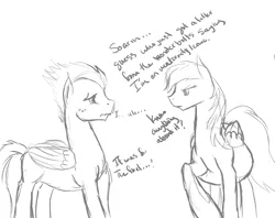Size: 1309x1038 | Tagged: safe, artist:patch, derpibooru import, rainbow dash, soarin', angry, belly, dialogue, eye contact, female, frown, glare, looking at each other, male, monochrome, nervous, pregnant, shipping, sketch, soarindash, straight, sweat, wavy mouth