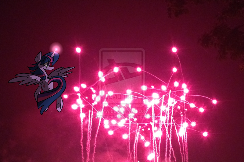 Size: 1024x681 | Tagged: safe, artist:cinnamonsand, derpibooru import, twilight sparkle, twilight sparkle (alicorn), alicorn, pony, female, fireworks, irl, mare, photo, ponies in real life, solo, watermark