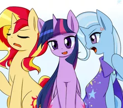 Size: 624x552 | Tagged: safe, artist:ranban, derpibooru import, sunset shimmer, trixie, twilight sparkle, twilight sparkle (alicorn), alicorn, pony, unicorn, counterparts, magical trio, simple background, twilight's counterparts