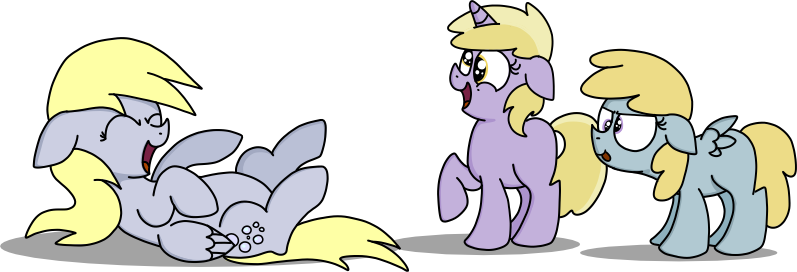 Size: 797x272 | Tagged: safe, artist:graciegirl328, derpibooru import, chirpy hooves, derpy hooves, dinky hooves, pegasus, pony, derp, equestria's best daughter, female, imitation, laughing, mare, tongue out