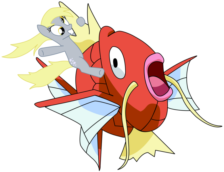 Size: 1018x784 | Tagged: safe, artist:metalbeersolid, derpibooru import, derpy hooves, fish, magikarp, pegasus, pony, crossover, duo, female, mare, open mouth, pokémon, ponies riding pokémon, riding, wingless