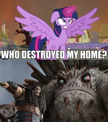 Size: 910x1024 | Tagged: safe, derpibooru import, twilight sparkle, twilight sparkle (alicorn), alicorn, pony, twilight's kingdom, alpha dragon, bewilderbeast, drago bludvist, exploitable meme, golden oaks library, how to train your dragon 2, meme, obligatory pony, this will end in death, this will end in tears, this will end in tears and/or death, who destroyed twilight's home
