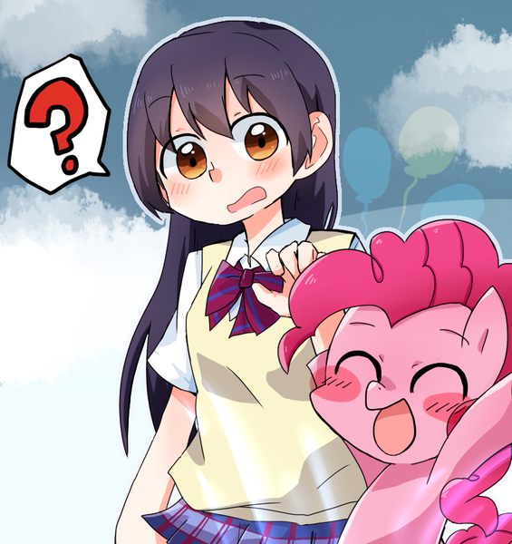 Size: 800x850 | Tagged: anime, artist:dakudaku_, blushing, crossover, dead source, derpibooru import, duo, eyes closed, human, japanese, love live! school idol project, open mouth, pinkie pie, pixiv, question mark, safe, suzuko mimori, umi sonoda, voice actor joke