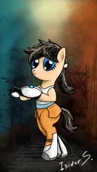 Size: 670x1191 | Tagged: safe, artist:isidorswande, derpibooru import, ponified, pony, bipedal, chell, crossover, long fall horseshoe, portal (valve), portal gun, solo