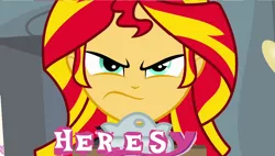 Size: 938x532 | Tagged: safe, derpibooru import, sunset shimmer, equestria girls, angry, caption, expand dong, exploitable meme, heresy, image macro, meme, warhammer (game), warhammer 40k