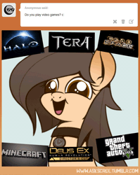 Size: 750x940 | Tagged: animated, artist:biscuitpone, dead space, derpibooru import, deus ex, female, grand theft auto, halo (series), minecraft, oc, oc:scree, open mouth, safe, smiling, solo, tera, tumblr, unofficial characters only, vibrating