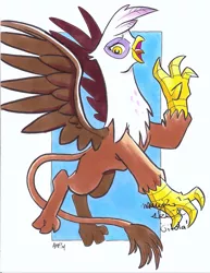 Size: 800x1035 | Tagged: safe, artist:tonyfleecs, derpibooru import, gilda, gryphon, autograph, marÿke hendrikse, spread wings, wings