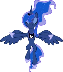 Size: 6400x7271 | Tagged: absurd resolution, artist:parclytaxel, derpibooru import, eyes closed, flying, lowering, moon work, princess luna, princess twilight sparkle (episode), safe, simple background, smiling, solo, spread wings, .svg available, t pose, transparent background, vector, wings