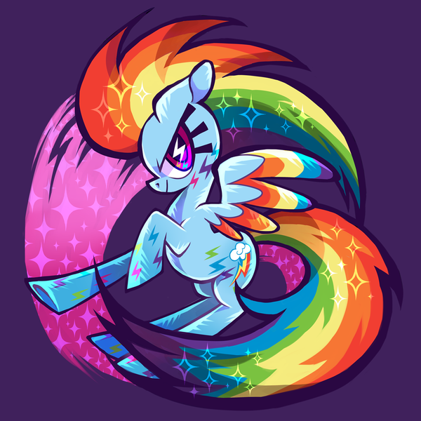 Size: 1000x1000 | Tagged: safe, artist:kunaike, derpibooru import, rainbow dash, pegasus, pony, twilight's kingdom, colored wings, multicolored wings, profile, purple background, rainbow power, rainbow power-ified, simple background, solo, welovefine, wingding eyes, wings