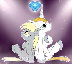 Size: 2557x2300 | Tagged: safe, artist:neko-me, derpibooru import, derpy hooves, prince blueblood, pegasus, pony, fanfic:where is my love?, back to back, crack shipping, derpblood, fanfic art, female, heart, male, mare, prince blueblood gets all the mares, shipping, straight