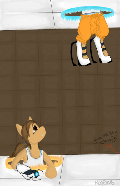 Size: 1024x1592 | Tagged: safe, artist:most-the-cat, derpibooru import, ponified, pony, chell, long fall horseshoe, portal, portal (valve), portal gun, solo